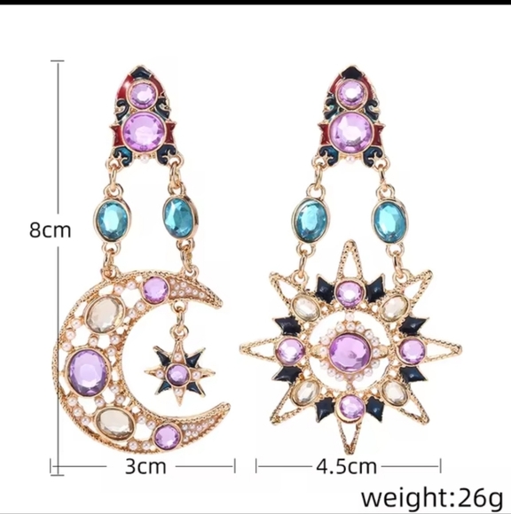 Celestial~Sun & Moon Whimsigoth Pink Blue Crystal Dangle Earrings - Picture 7 of 11